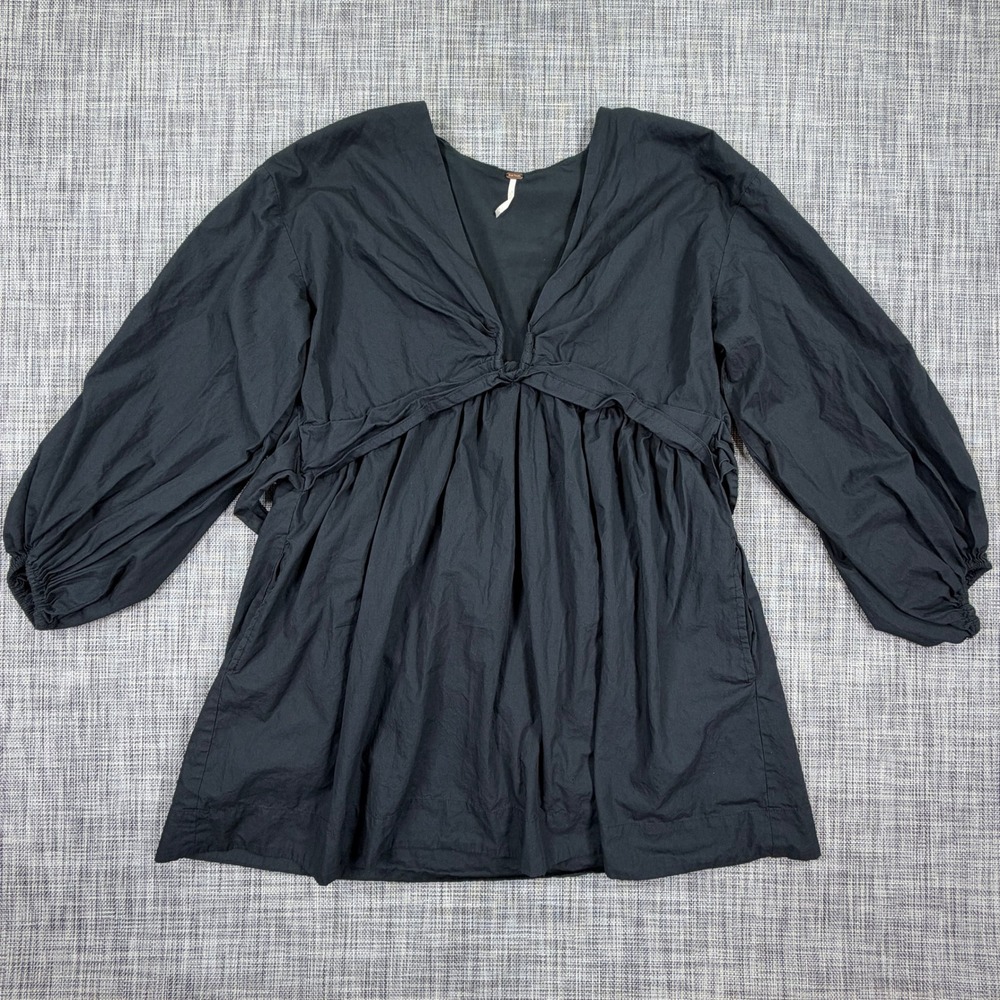 Free People Womens Large Black Cotton Mini Dress V Neck Balloon Sleeve Tie Back